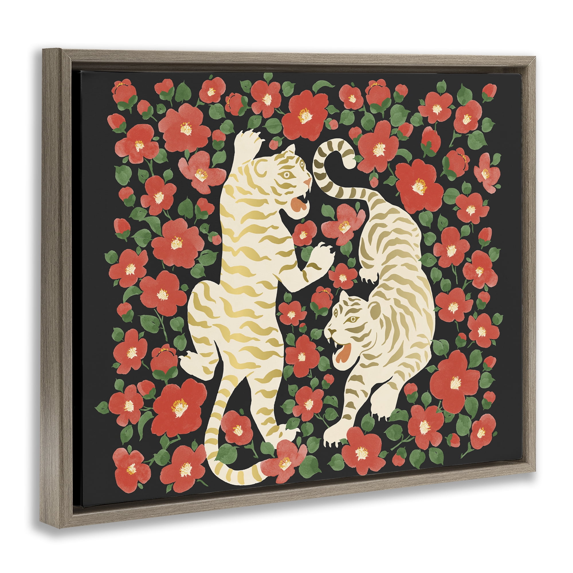 Stupell Industries Ivory Twin Tigers Among Flowers Brown Framed Floater Canvas Wall Art, design by Karolina Sato