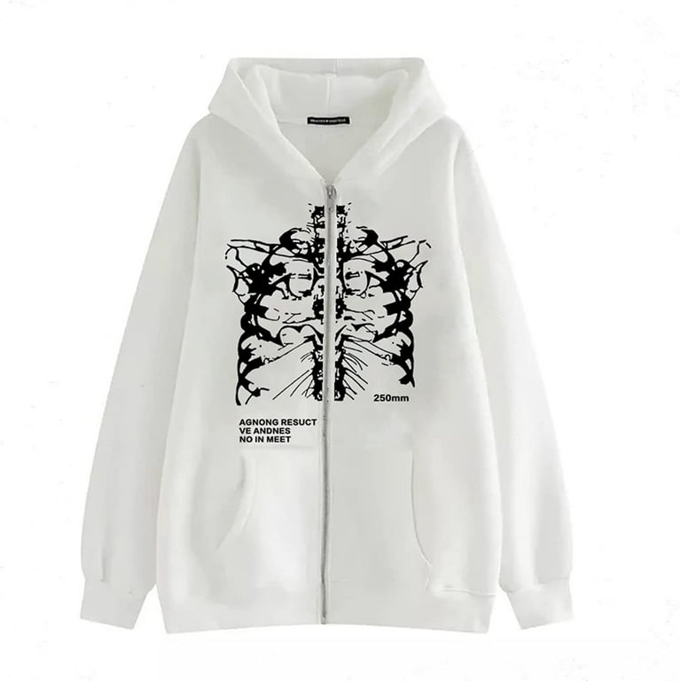 CoCopeaunt Women Men Y2K Skeleton Zip Up Hoodie Print Alt Street