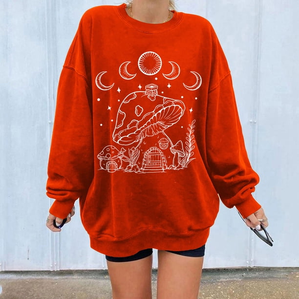 Puntoco Mujeres Casual Manga Completa Cuello Redondo tops Camisas Sueltas Blusa Estampado de Sol y Luna Sudadera Gráfica Puntoco Puntoco-5375