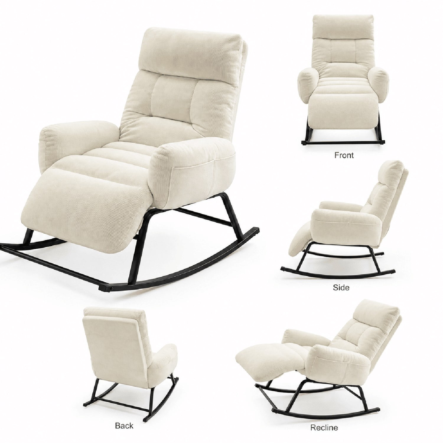 Upholstered Rocking Chair with Retractable Footrest, Plush Lounge Chair with Side Pocket, Tufted Cushion Seat for Living Room, Bedroom, Study and Patio