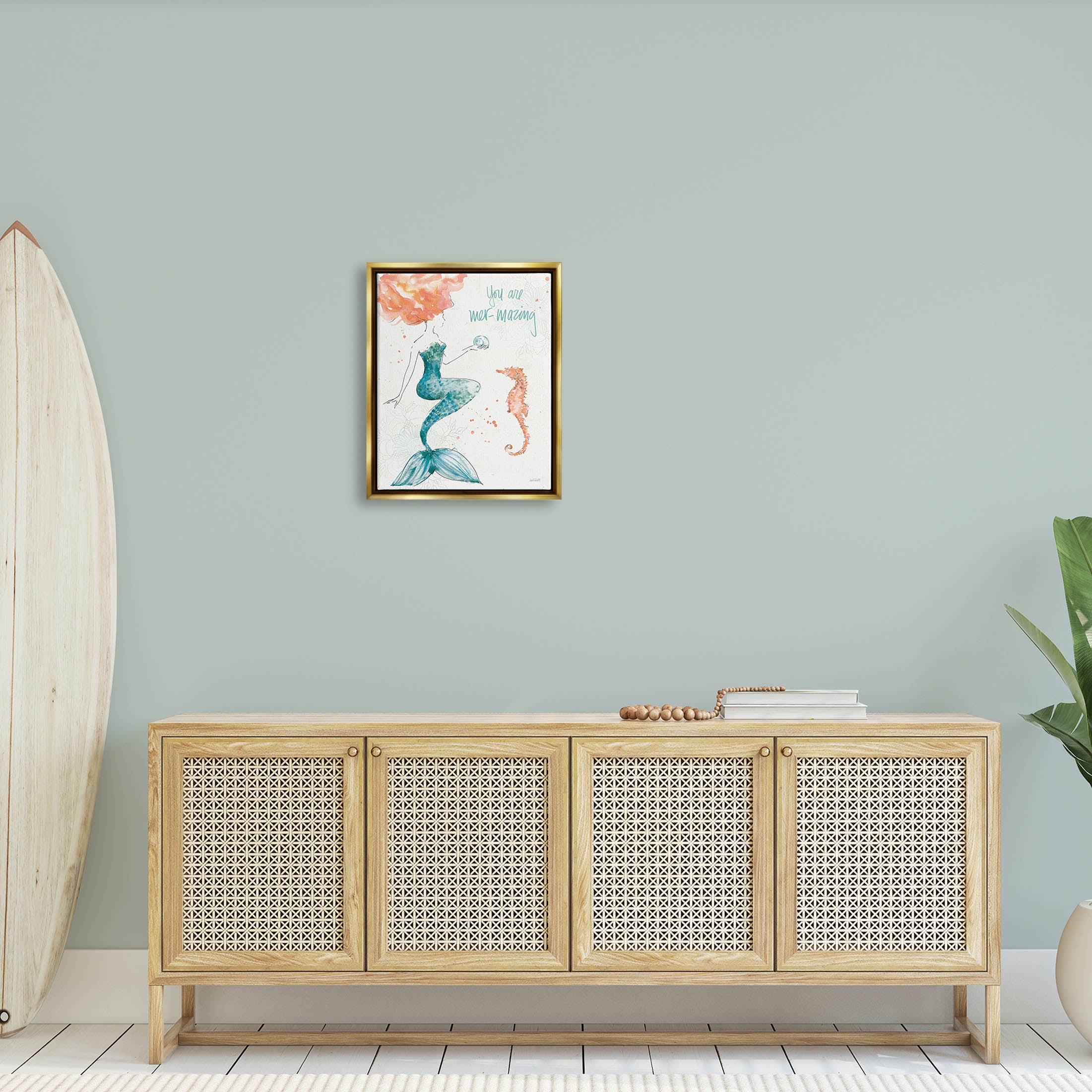 Stupell Industries Mer-Mazing Uplifting Mermaid Phrase Graphic Art Metallic Gold Floating Framed Canvas Print Wall Art, Design by Anne Tavoletti