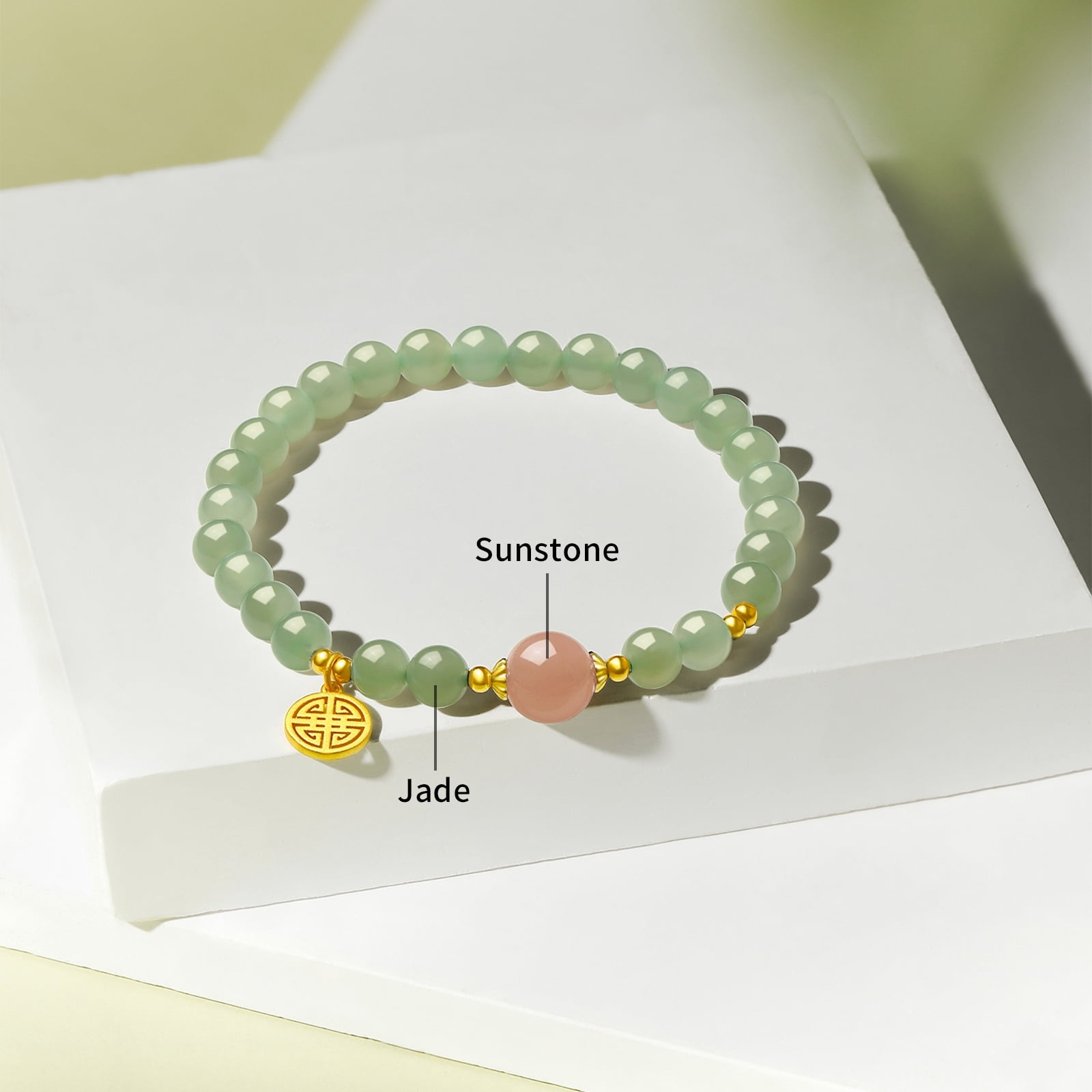 ZHOU LIU FU Jade Beaded Bracelet 925 Sterling Silver Blessing Fu Charm - Green Gemstone Sunstone Jewelry for Women 7.5"