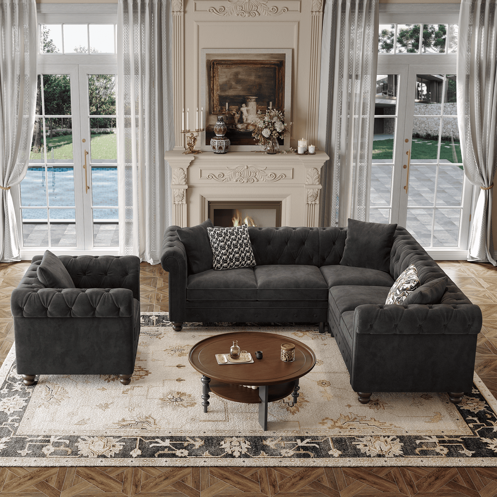 L Shaped Corner Couch for Living Room, Tufted Sectional with 3 Throw Pillows, Velvet Fabric, Black