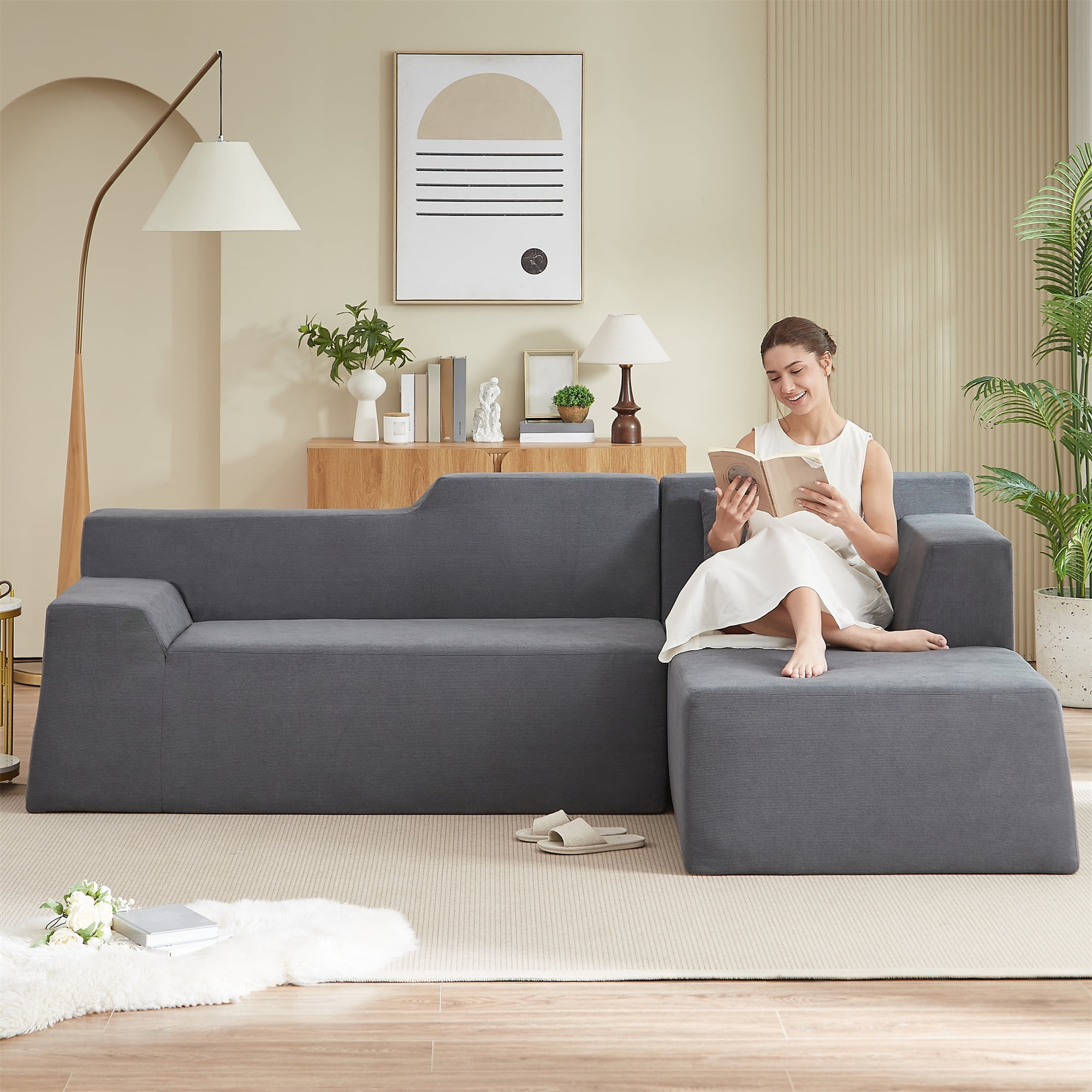 Aukfa 97" Cloud Sectional Sofa Trapezoid Boneless Couch Modular Sofa Bed for Living Room, Right Chaise, Gray