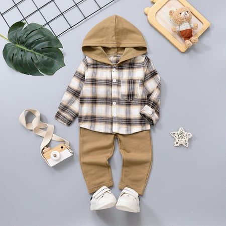 

PatPat Toddler Infant Boys Fall Outfit Set Long Sleeve Button Down Plaid Hoodie Sweatshirt Jackets Shirt with Khaki Pants Baby Boys Casual Hooded Coat Pockets Bottoms 2PCS Clothes 3-24Month