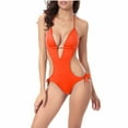 thumbnail image 2 of Bikinis for Women One Piece Deep V Gathering Slim Neck Strap Swimsuit Solid Color Camisole Sexy Swimwear, 2 of 4