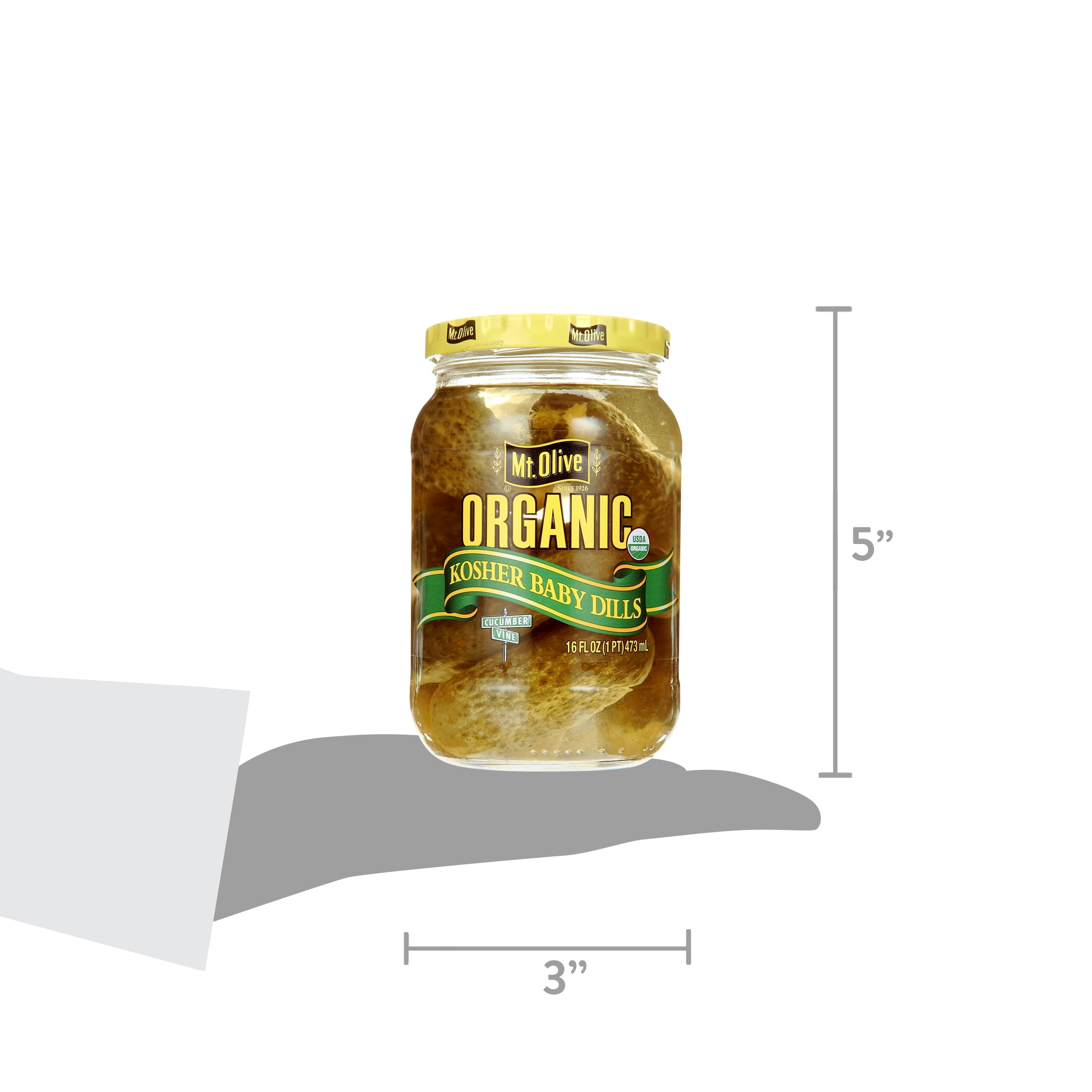 (3 pack) Mt. Olive Organic Kosher Whole Baby Dill Pickles, 16 fl oz Jar