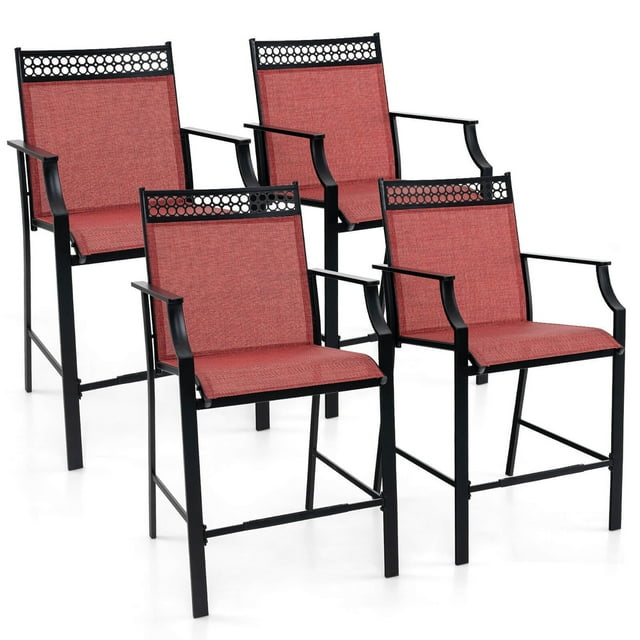 Gymax Outdoor Counter Stools Set of 4 w/ Footrest & Armrests Metal Frame for Backyard Red