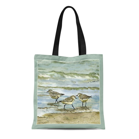 POGLIP Canvas Tote Bag Ocean Sandpiper Beach Birds Watercolor in Sea Blue Kathie Reusable Handbag Shoulder Grocery Shopping Bags