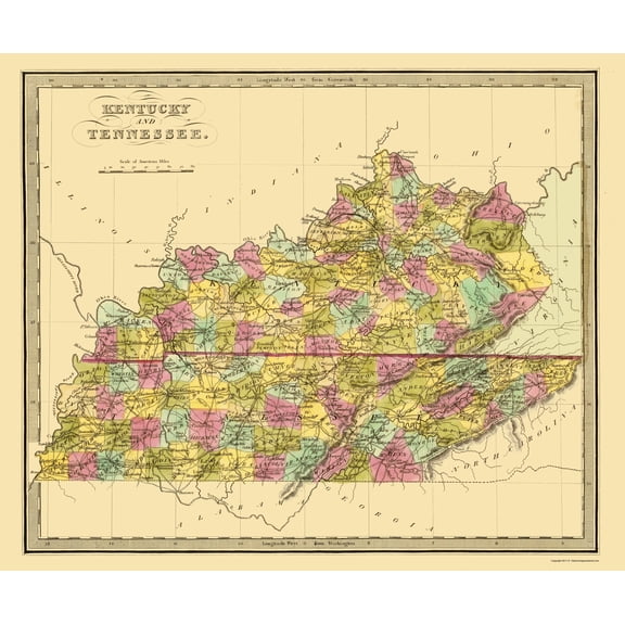 Historic State Map - Kentucky Tennessee - Brattleboro 1840 - Vintage Wall Art