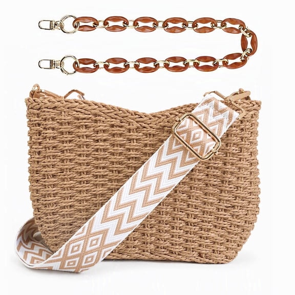 Women Hippie Chic Straw Handbag, Woven Summer Beach Tote Hobo Purse with 2 Removable Straps Chain & Wide Shoulder Crossbody Pocketbook Bag
