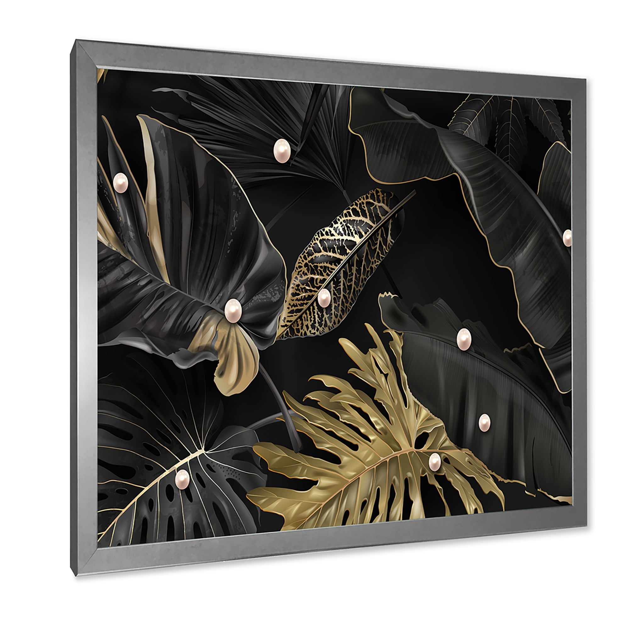 Designart 'Gold and Black Tropical Leaves III' Modern Framed Art Print