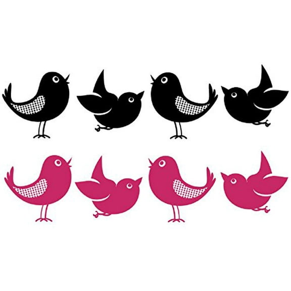 Set Of 8 Bird Wall Decals In 2 Colors, 5-Inch Size, Modern Girls Room Decor, Hot Pink, Black,