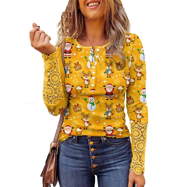 ICHUANYI Clearance Women Bottons Crop Workout Christmas Printing Lace Stitching Long Sleeve Sexy Tops(Yellow, M) ICHUANYI WER2023081501774