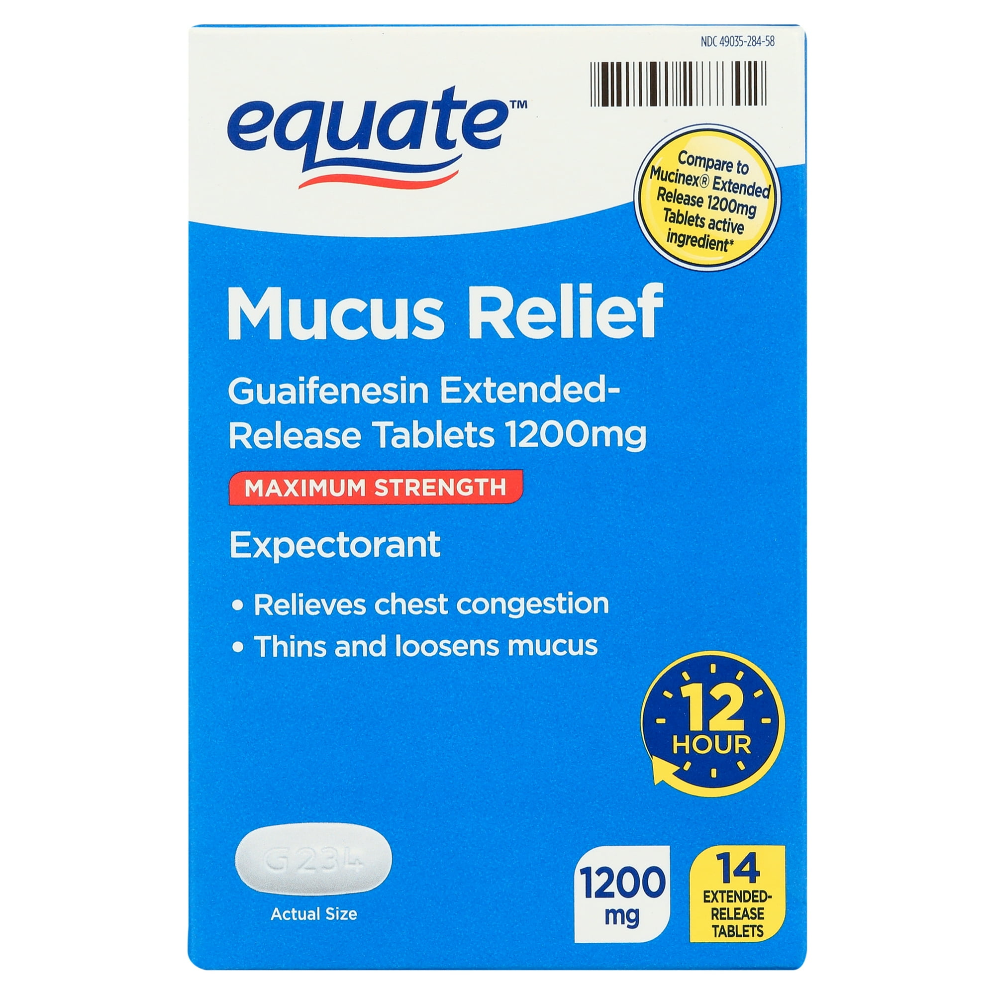Equate Maximum Strength 12 Hour Mucus ER Guaifenesin Extended-Release Tablets, 1200 mg, 14 Count, Compare to MucinexÂ® Extended Release 1200 mg Tablets Active Ingredient