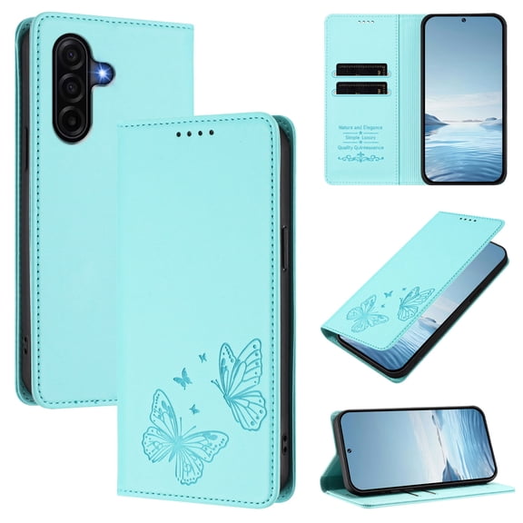 ELEHOLD for Samsung Galaxy A37 Butterfly Embossed PU Leather RFID Blocking Flip Kickstand Wallet Case with Card Slots, Mint