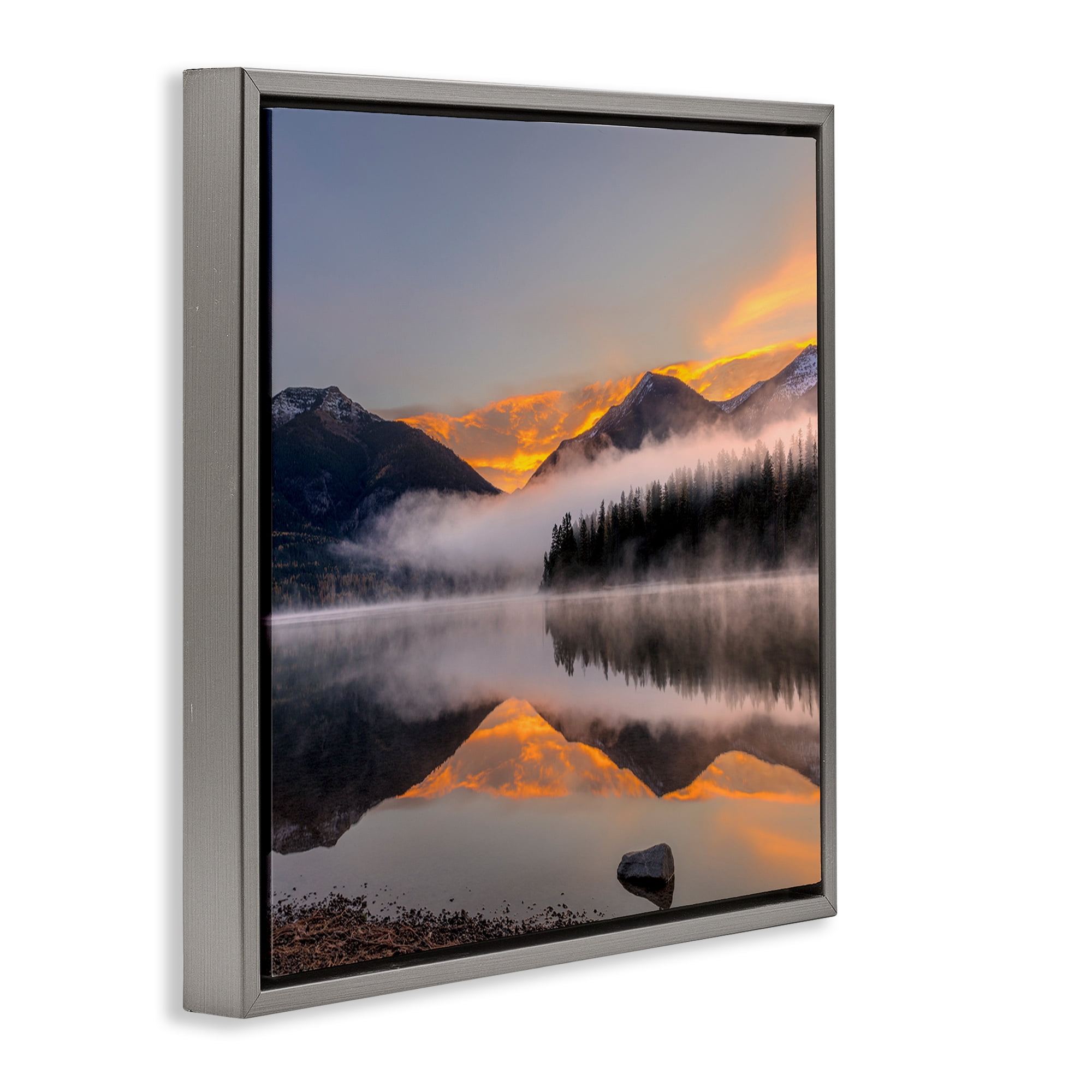 Stupell Industries Orange Sunset Lake Reflection Landscape & Nature Photography Gray Floater Framed Canvas Art Print Wall Art, 25 x 25