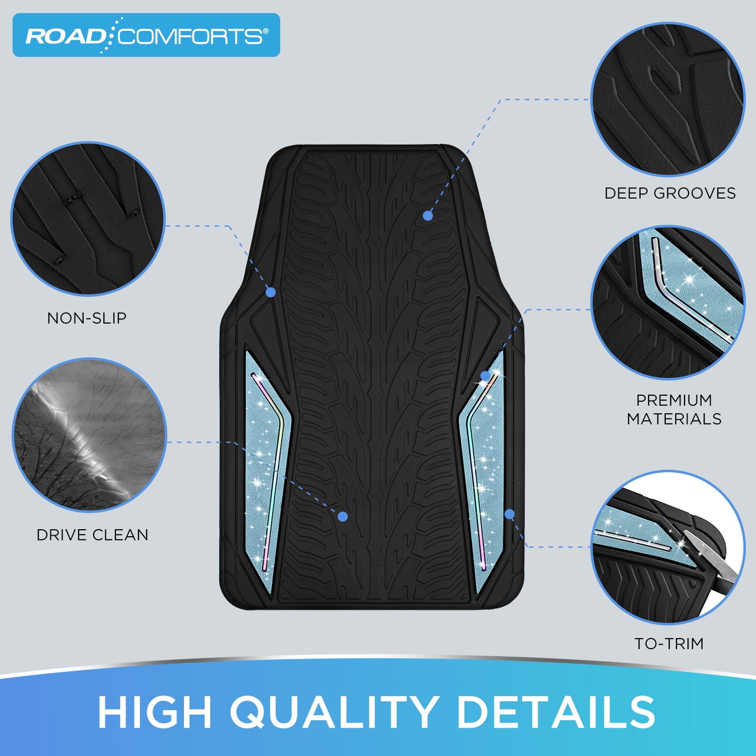 Road Comforts Glitter Car Floor Mats, Glitter Rubber Floor Mats Full Set,Shiny Sparkle Design, Universal Fit, Easy to Clean, Anti-Slip Protection Blue
