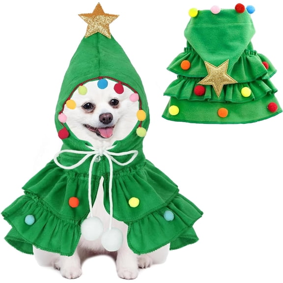 Christmas Elf Costume for Cats Dogs, Pet Xmas Tree Green Cloak with Star Pompoms, Small Dog Cat Holiday Outfit for Party Photo