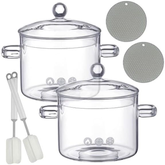 2 Pcs Clear Glass Pots for Cooking on Stove 1.3 L 44 oz Glass Saucepan with Lid Handle Simmer Pot Handmade Cookware Borosilicate Cooking Pot with Brushes and Silicone Mats(Modern)