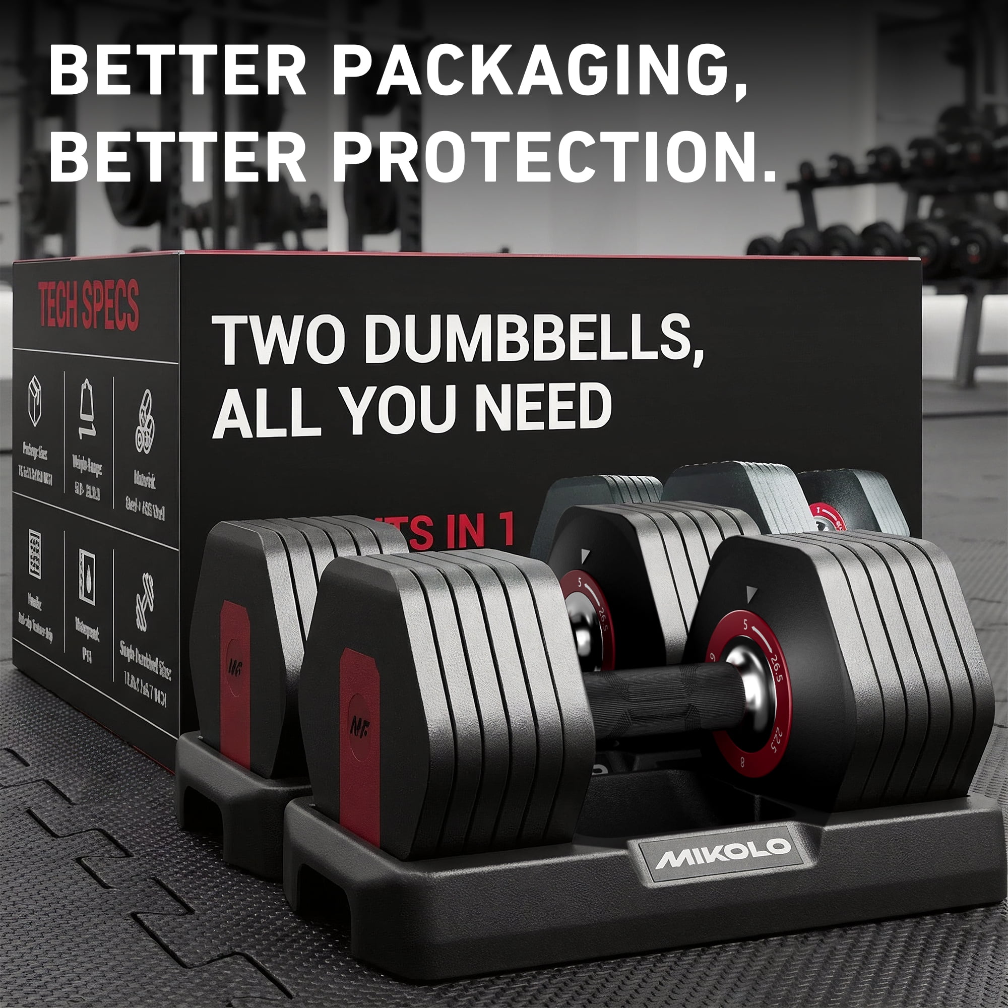 Mikolo 53LB(26.5LB*2) Adjustable Dumbbells Set of 2, 1-Sec Adjustable Weights Dumbbells Set, 5LB - 26.5LB 6 in 1 Free Dumbbell with Anti-Slip Texture Handle, Weight Set For Home Gym