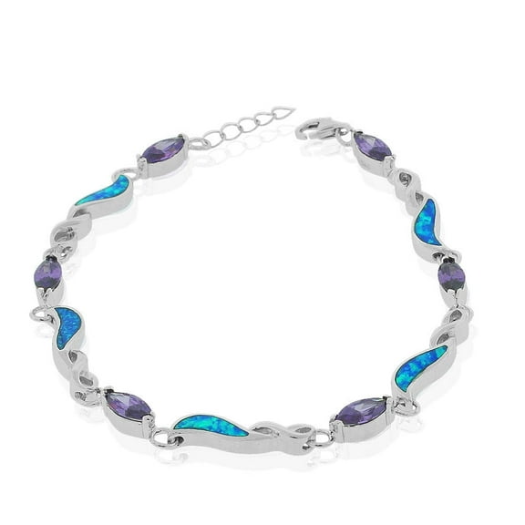 925 Sterling Silver Simulated Blue Opal, Purple Amethyst-Tone CZ Infinity Medical ID Bracelet, Purple