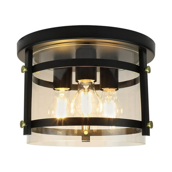 Depuley 3-Light Close to Ceiling Light, Drum Shape Semi Flush Mount Ceiling Lamp with Clear Glass Shade and Black Metal Frame, Light Fixtures Ceiling for Kitchen, Dining Room, Bedroom, Entryway, E26*3