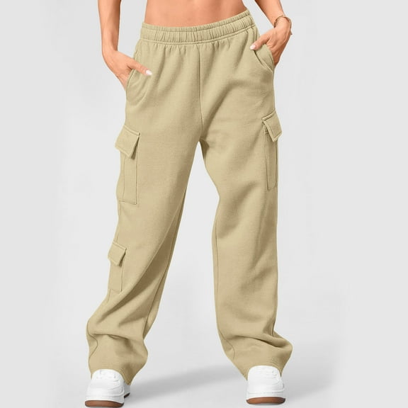 Sweatpants for Women Elastic Waist High-Waisted Casual Solid-Color Workwear Cargo Sweatpants,Pants for Women Beige L