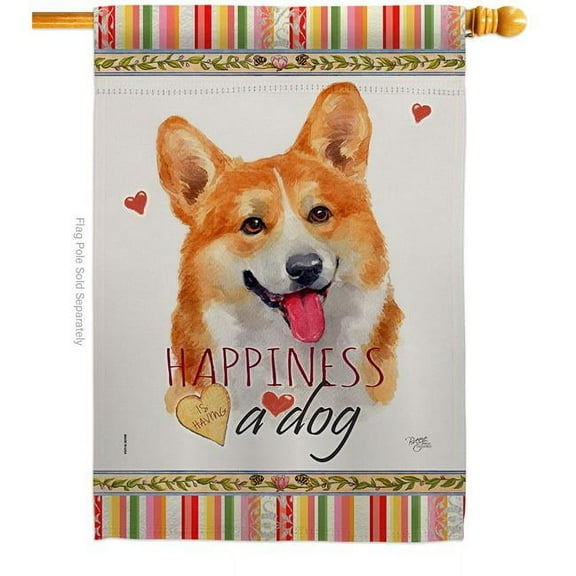 Breeze Decor H110263-BO Fawn Corgi Happiness Animals Dog 28 x 40 in. Double-Sided Decorative Vertical House Flags for Decoration Banner Garden Yard Gift