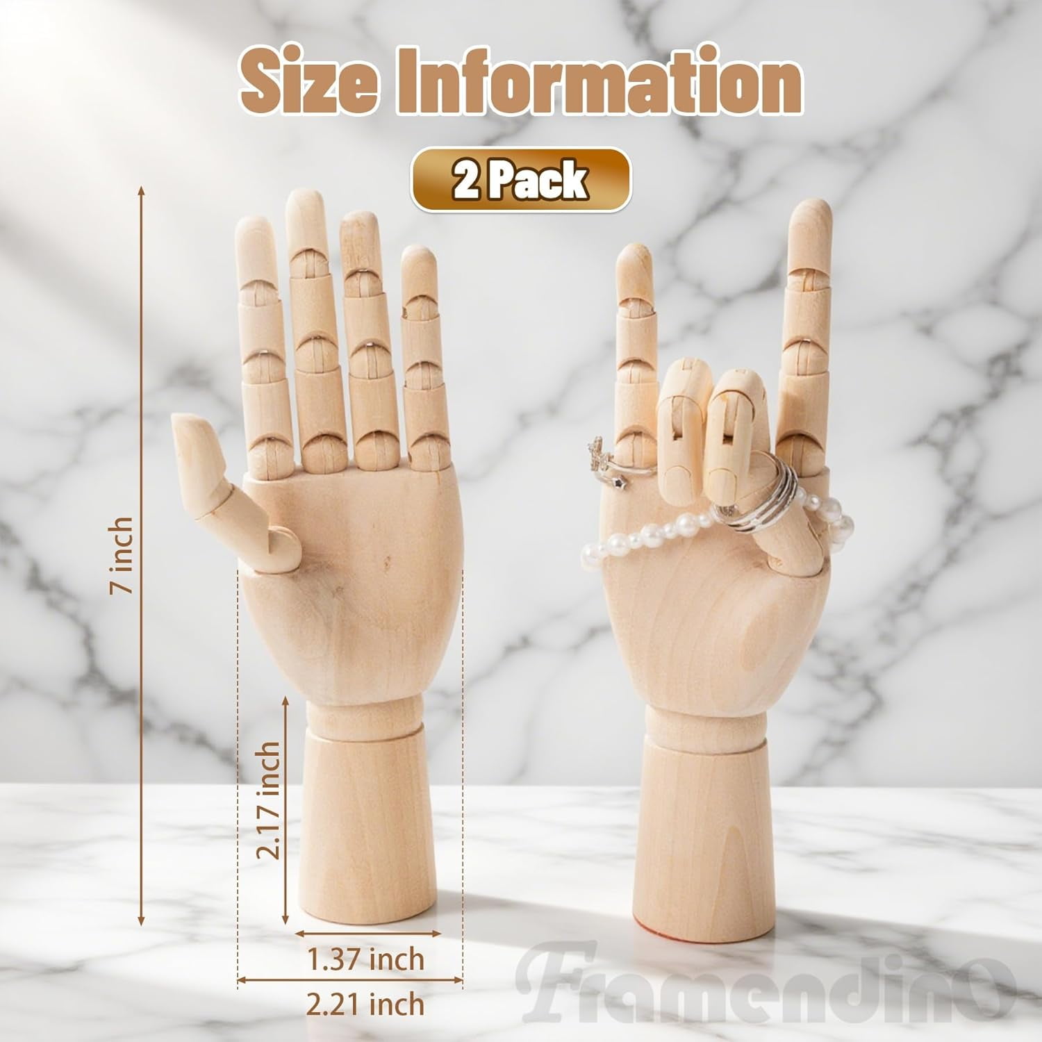 2-Pack 7-Inch Wooden Hand Model (Right+Left) - Flexible Artist Manikin for Sketching, Painting & Desk Decor