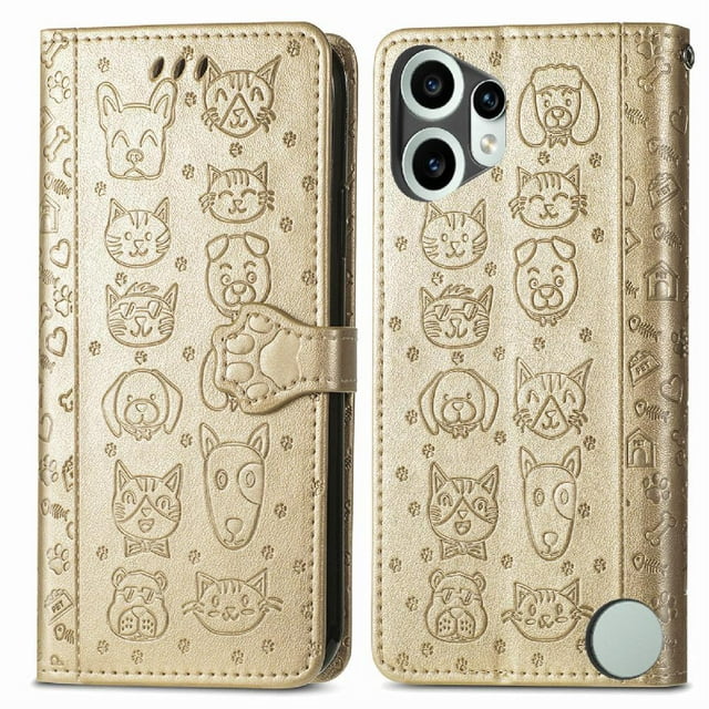 Étui à Rabat pour FOXDOCK Nothing CMF Phone 2 Pro, Étui à Rabat en Cuir PU Gaufré Chat et Chien avec Fentes pour Cartes, Support