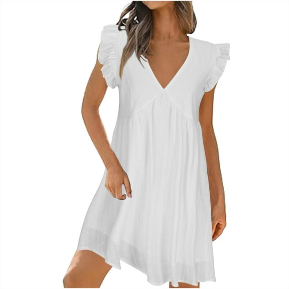 Gspmoly Dresses for Women Plus Size, Ladies Spring/Summer White Embroidered V-Neck Sleeves Bohemian Dress Sleeveless V-Neck Knee Length Dress Evening Dresses for Women Deals