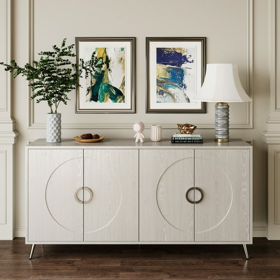Noble House 59.8" Modern Lacquered Sideboard, Buffet Storage Cabinet with Adjustable Shelves, Champagne Silver
