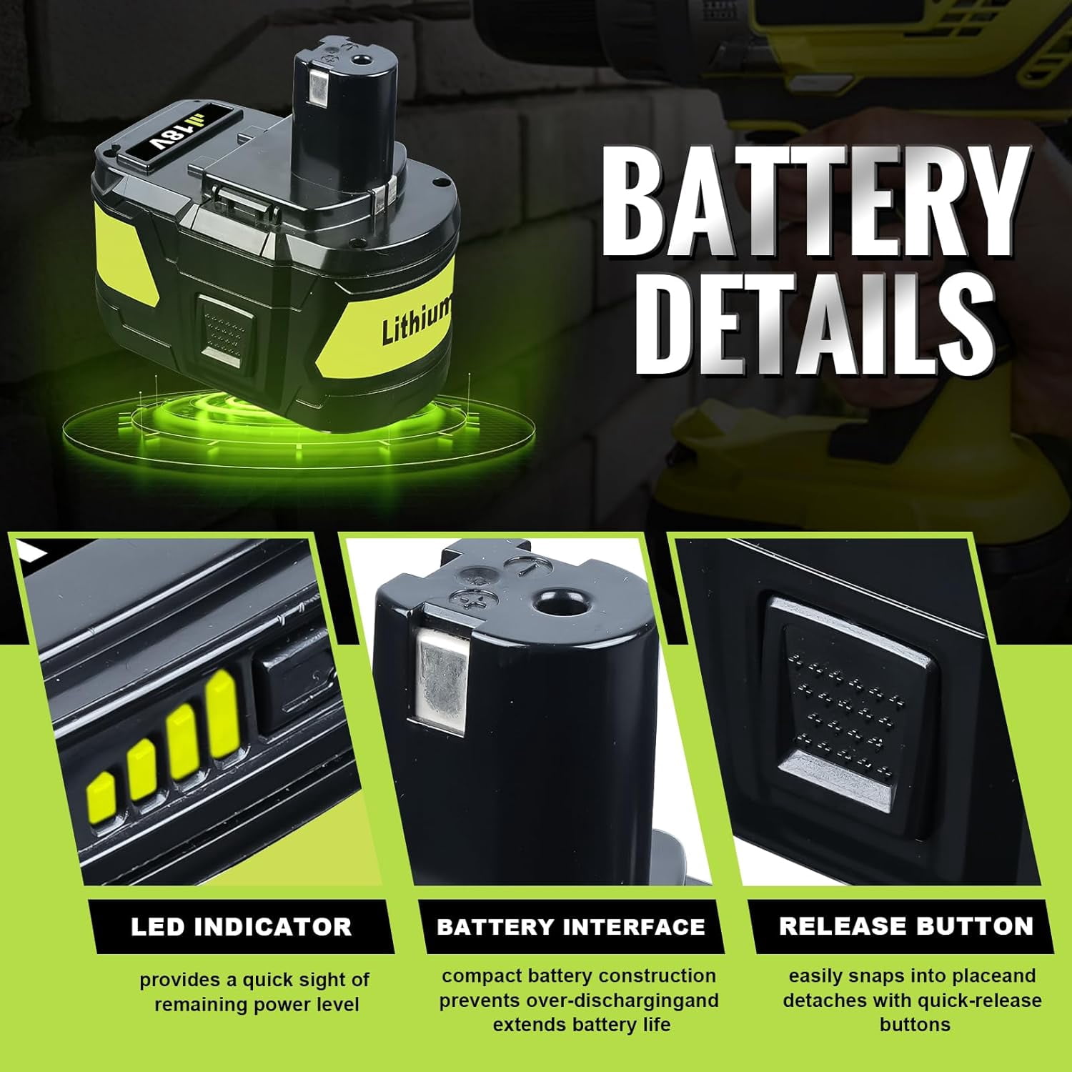 1Pack 9.0Ah 18V P109 Replacement for Ryobi 18V Lithium-Ion Battery