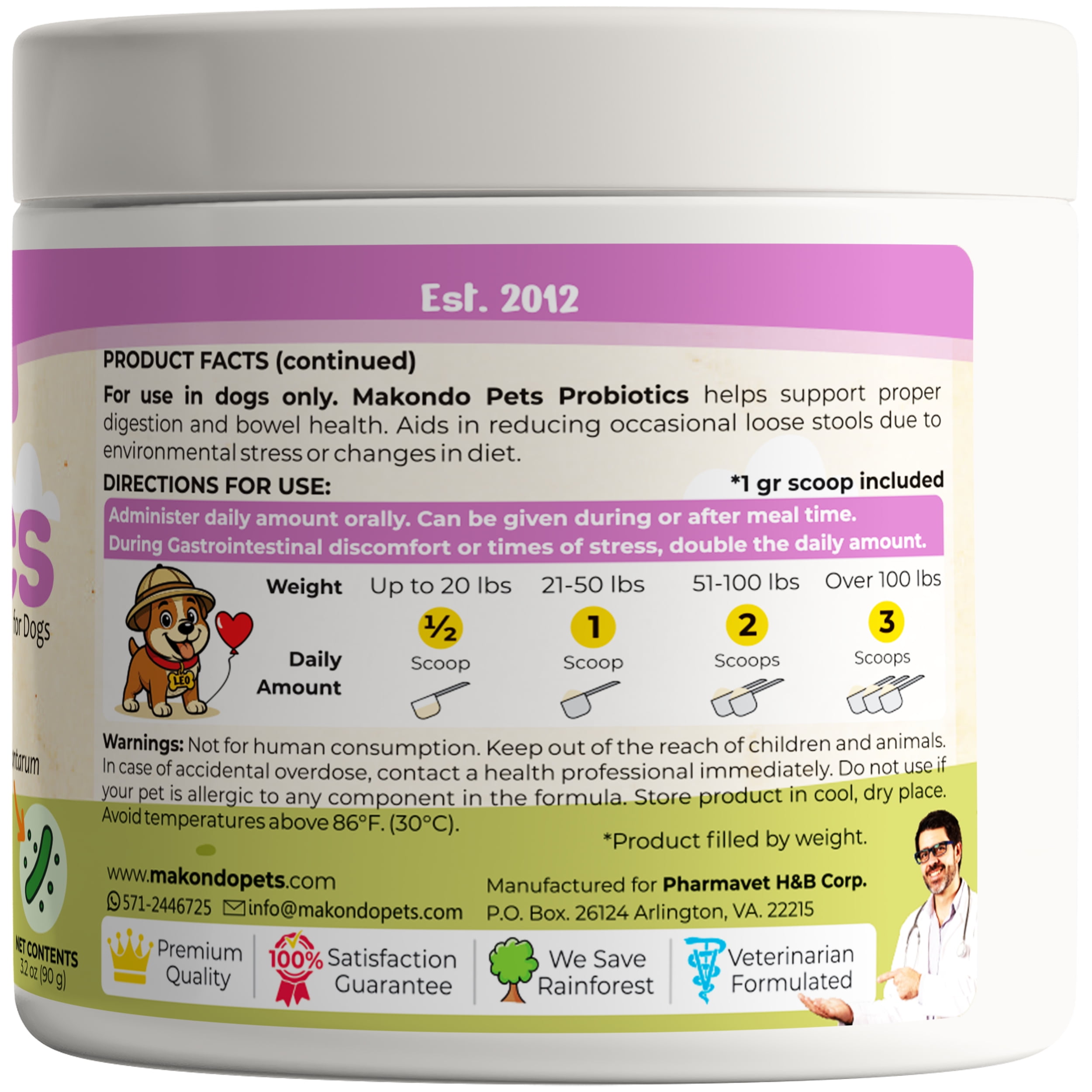 Makondo Pets 5B Dog Probiotics Enzymes Powder for Dog, Chicken Flavor, 90 ct Tub
