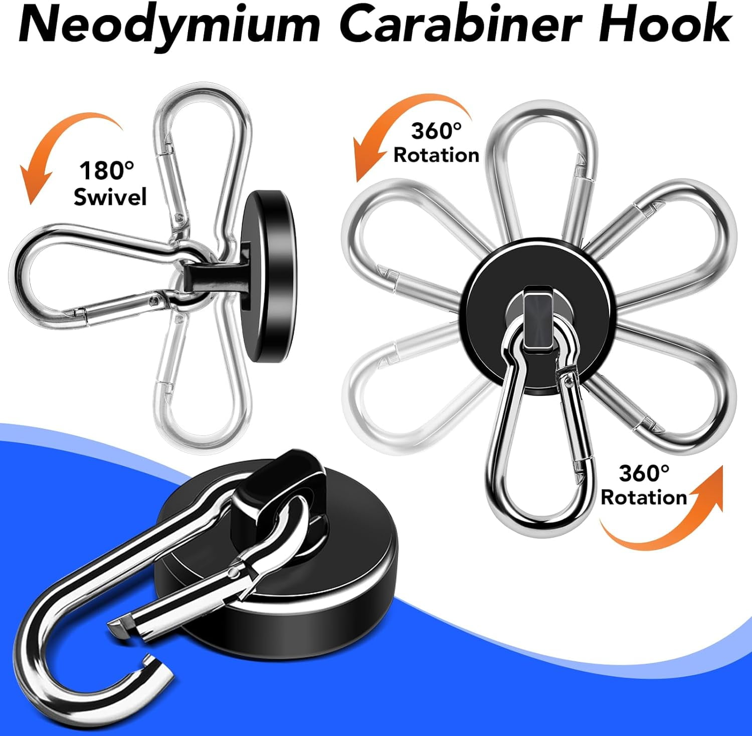 MY Strong Magnetic Hooks, 70LBS Magnetic Hooks Heavy Duty Strong Neodymium Magnets with Carabiner Hook, Magnet Hooks with Swivel for Kitchen, Hanging, Cruise, Grill, Refrigerator - 12 Pack Bla