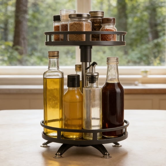 2-Tier Lazy Susan 360° Rotating Spice Organizer for Cabinet, Large Black Metal Spinning Storage Rack for Spices, Oils, and Condiments