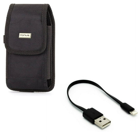 Short USB Cable w Case Belt Clip for iPhone 8/7/6S/6 - Charger Cord Power Wire Fast Charge, Rugged Holster Canvas Cover Pouch for iPhone 8/7/6S/6 Models