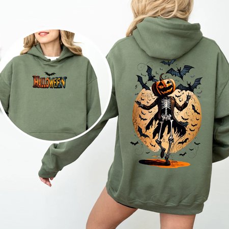 Funny Pumpkin Head Skeleton Halloween Hoodie - Bat & Crescent Moon Graphic Pullover - Perfect for Autumn Parties