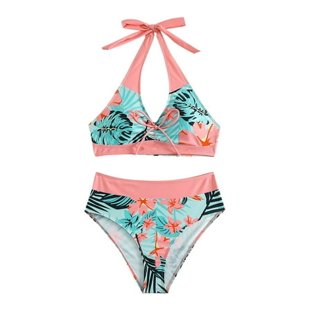 ZQGJB Womens High Waisted Swimsuits with Boy Shorts Summer Tropical Printed Brazilian Triangle Top Stripes Halter Bikini Two Piece Bathing Suits(Pink#03 M)