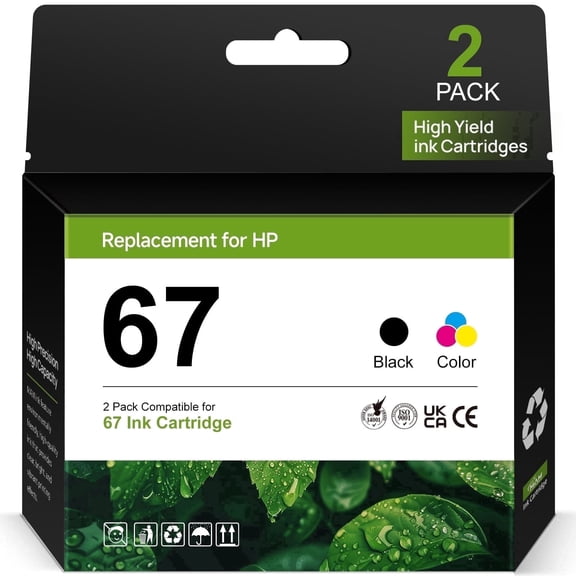 67 Ink Black and Color Combo for HP 67 Ink Cartridge Compatible for HP Ink 67 for DeskJet 2700 2752e 2755e (2-Pack)