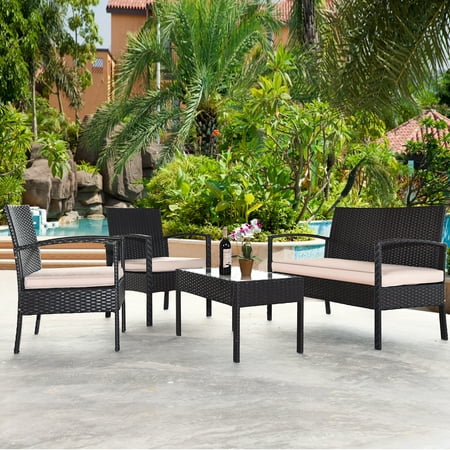 Patiojoy 4PCS Conversation Wicker Set Patio Rattan Table&Cushioned Chair