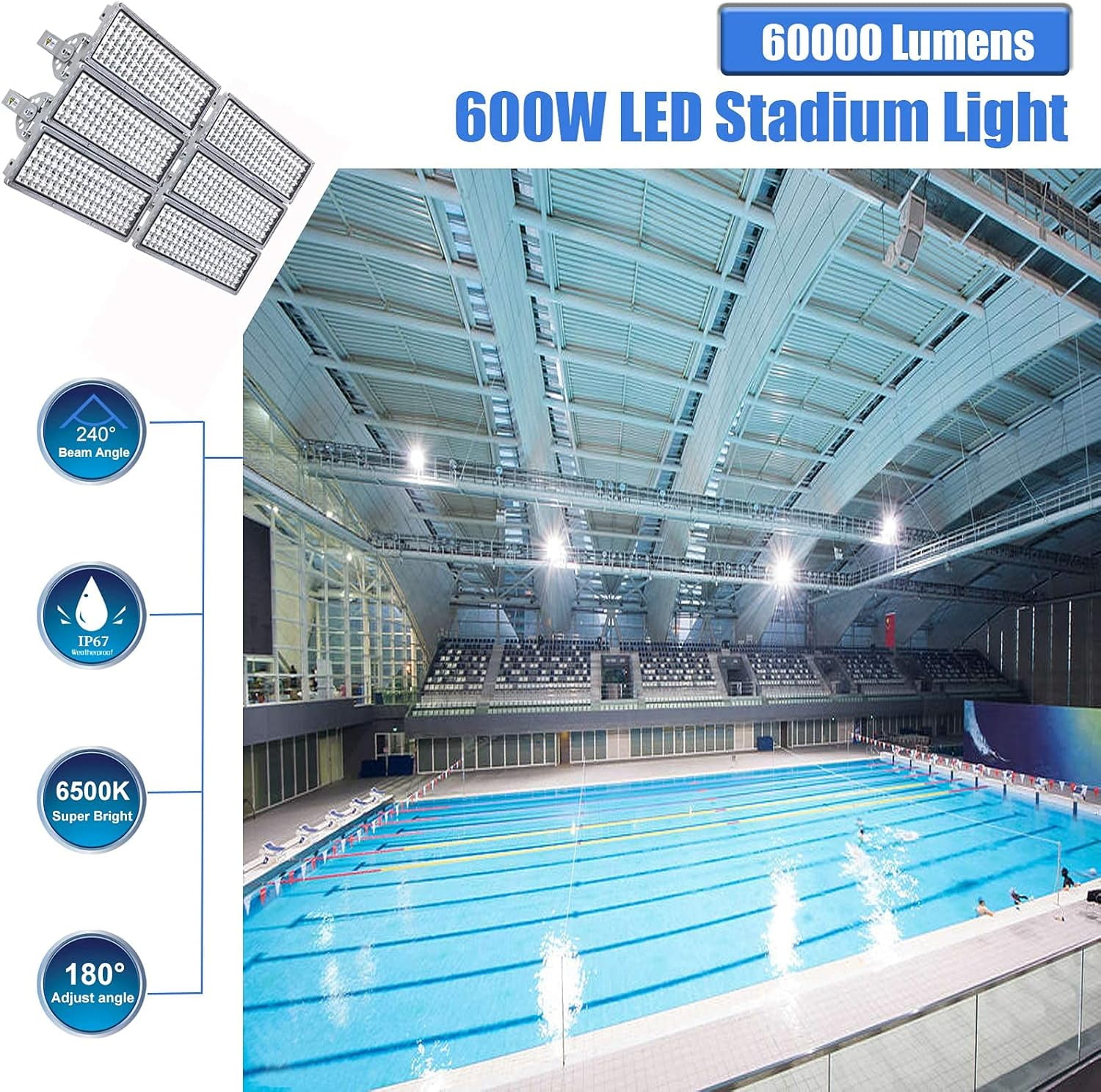 Kekeou 600W Stadium module outdoor flood light, 300W*2 high inernsity led lights, IP67 Waterproof for Playground