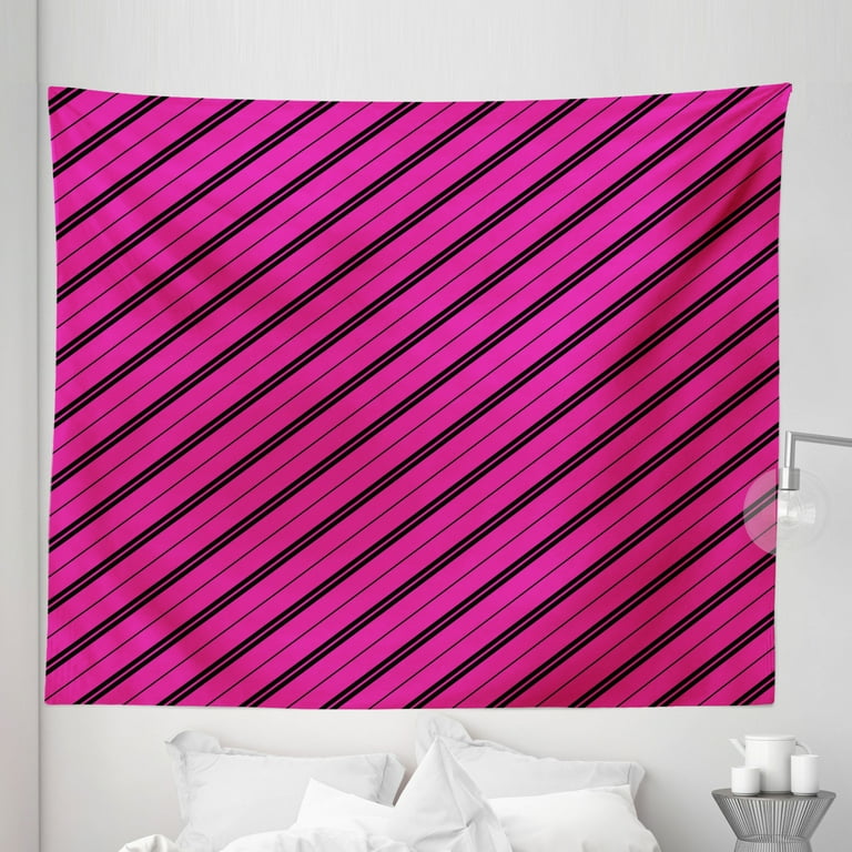Hot Pink Tapestry Diagonal Lines Black Stripes on Pink Backdrop Classical Modern Tile Pattern Fabric Wall Hanging Decor for Bedroom Living Room