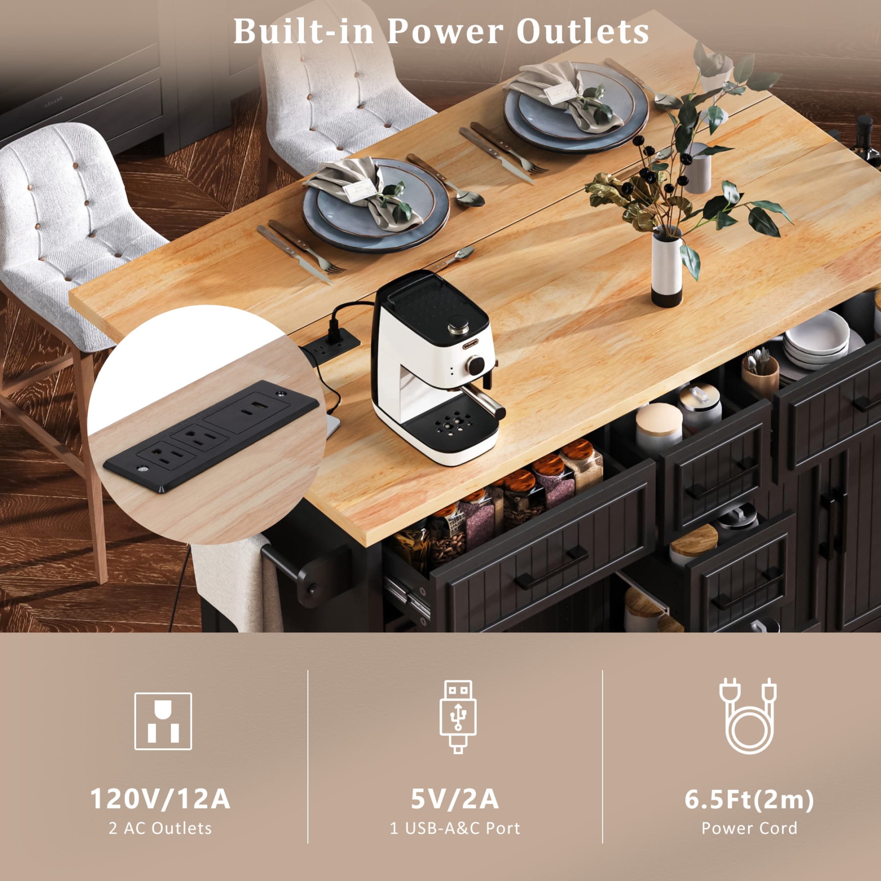 Harper & Bright Designs Kitchen Island with Drop Leaf, Rolling Kitchen Cart on Wheels with Doors, Drawers and Power Outlet for Dining Room, Black