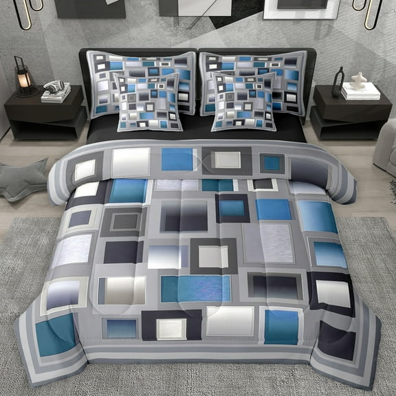 Homewish Patchwork Geometric Checkered 7-Piece Twin Bedding Sets,Classic Grid Bedding Comforter Set,Gray Blue Sheet Sets For Men Women,Super Cozy Room Decor Reversible