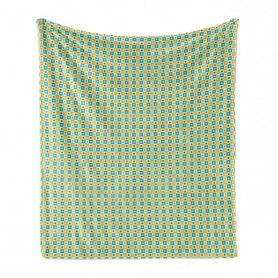 Geometric Soft Flannel Fleece Blanket, Star Shapes Inside Abstract Square Boxes Score Game Motif Print, Cozy Plush for Indoor and Outdoor Use, 50" x 70", Mustard Sea Green and White, by Ambesonne