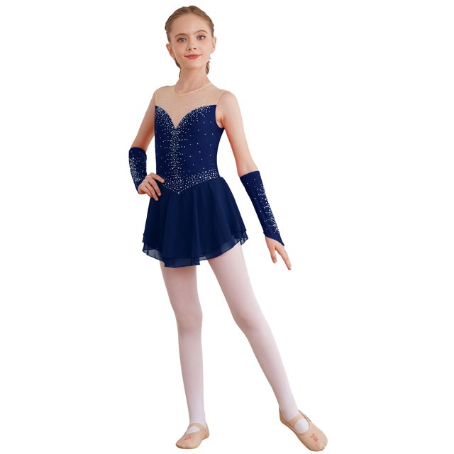 Nyeemya Robe de Patinage Artistique pour Filles Sans Manches Justaucorps Patinage Robe de Danse avec Gants Bleu Marine 16