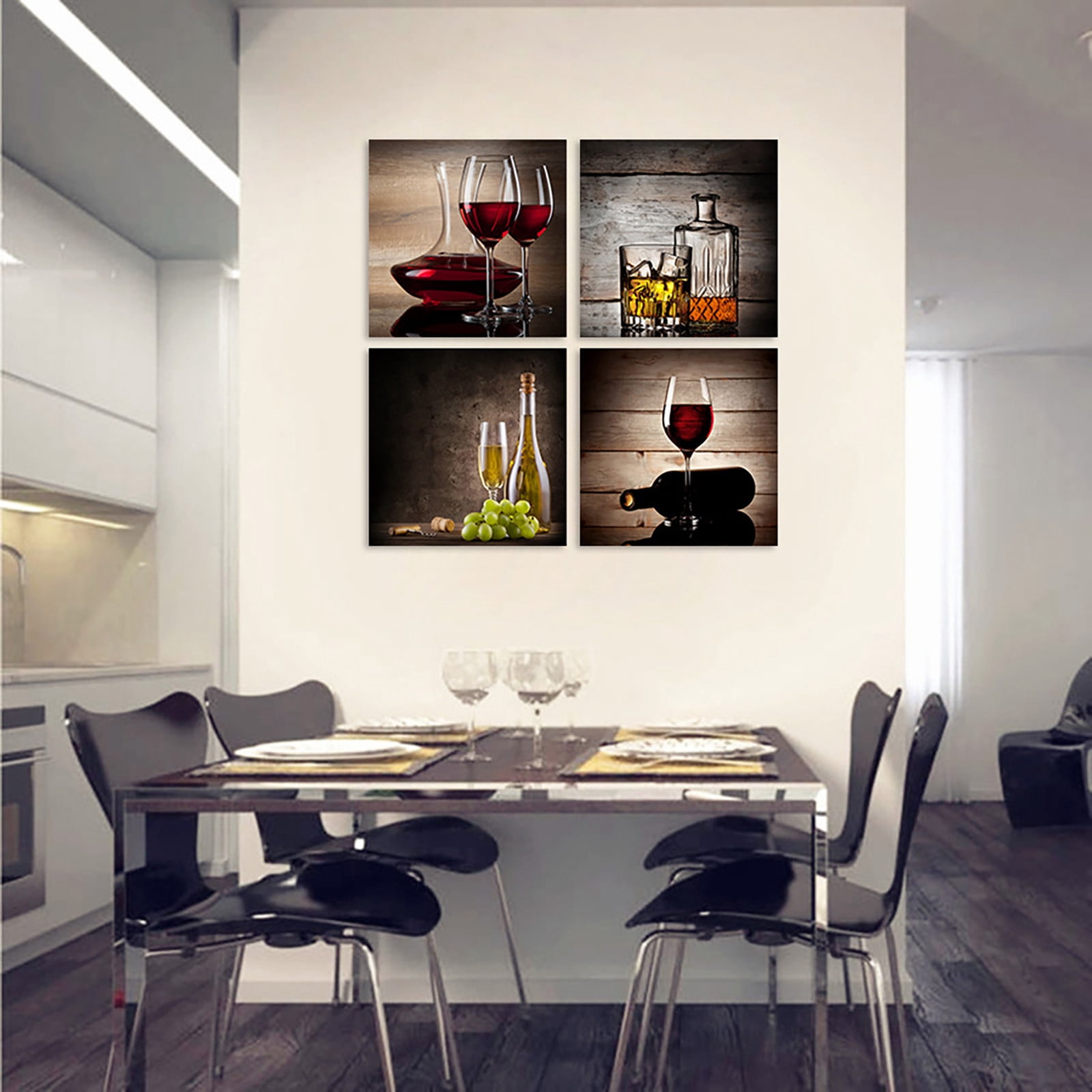 Apmemiss Clearance Kitchen Wall Art Canvas Artwork Red Wine Glasses Bottles Canvas Painting Printed on Canvas Contemporary Artwork Pictures for Dining Room Walls Decor Home Decoration 4 Panels