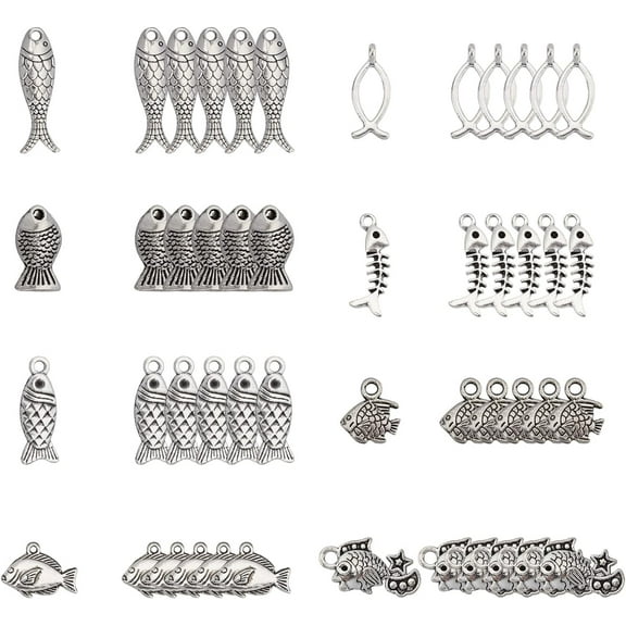 1 Box 80Pcs 8 Styles Fish Charms Bulk Tibetan Style Fishbone Hollow Sea Ocean Animal Alloy Pendants Antique Silver Plated for Jewelry Making Charms DIY Bracelets Supplies DIY